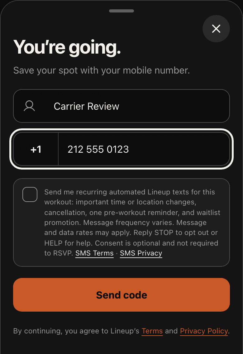 Lineup public RSVP sheet showing the workout-text checkbox unchecked beside the complete consent disclosure